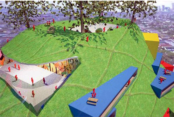 Imagen 3D de un parque con bancos integrados en el monte