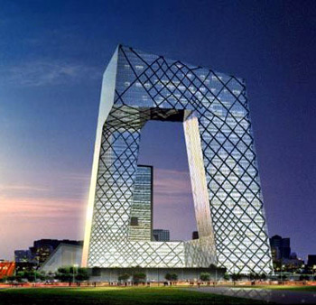 Imagen 3D frontal del futuro edificio de la CCTV de noche